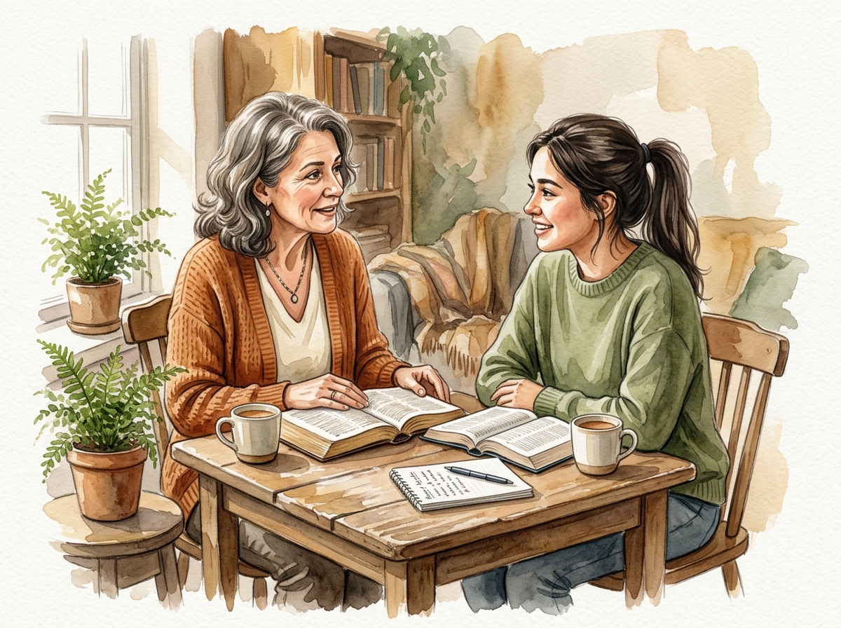 A mentor and a younger believer studying the Bible together at a table, one-to-one discipleship