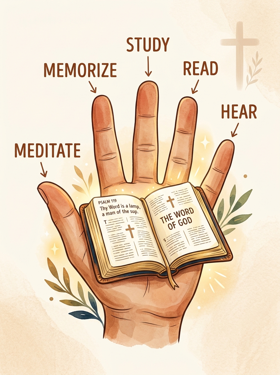 Hand holding Bible - five fingers labeled: Hear, Read, Study, Memorize, Meditate