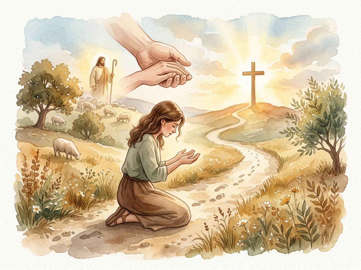 A person kneeling in surrender with a guiding hand, a shepherd, and a path leading to the cross