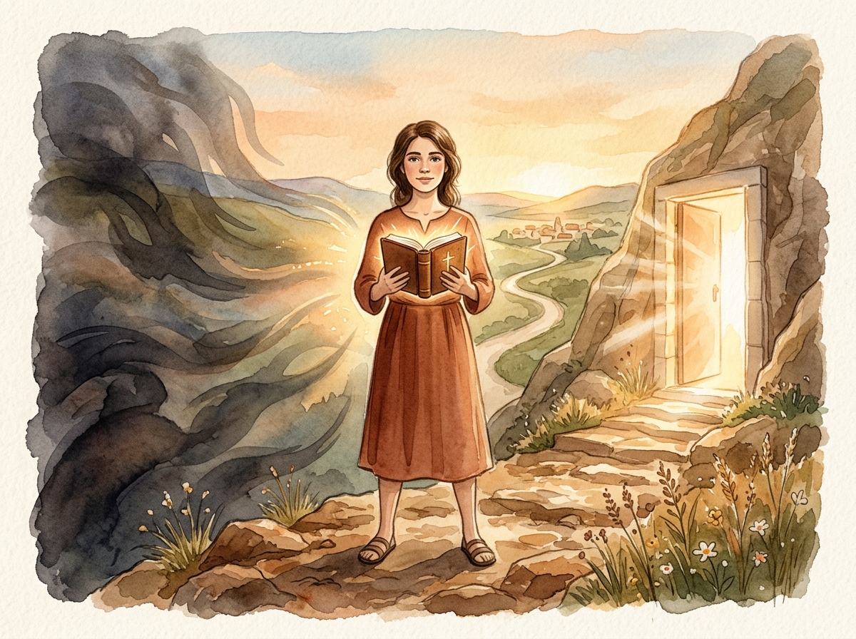 A believer standing firm holding the Word between shadow and a door of light, a way of escape