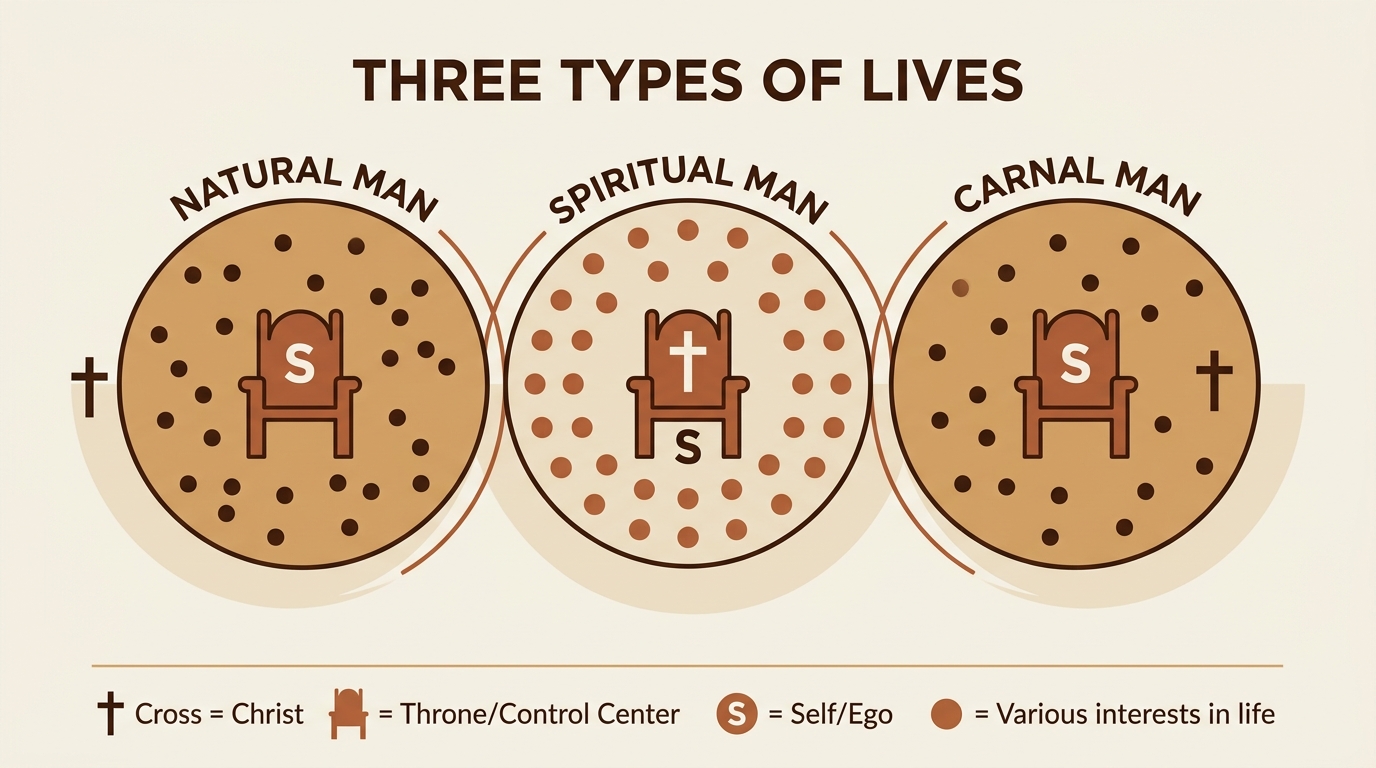 Three circles representing three types of lives: Natural Man (self on throne, Christ outside), Spiritual Man (Christ on throne, self yielded), Carnal Man (self on throne, Christ inside but not in control)