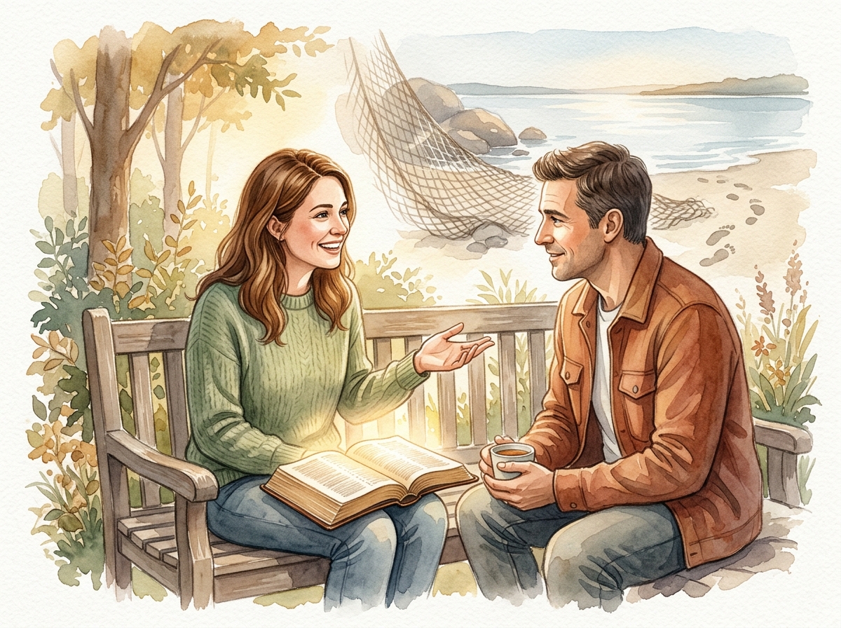 Two people in warm gospel conversation with an open Bible, fishing net and footprints in the background